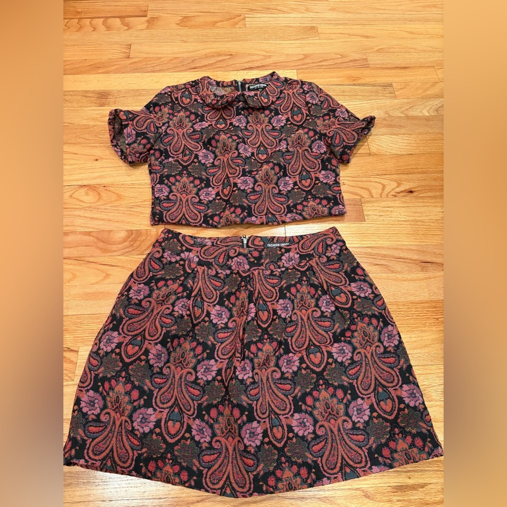 Fashion Union Black and Pink Paisley Skirt Set